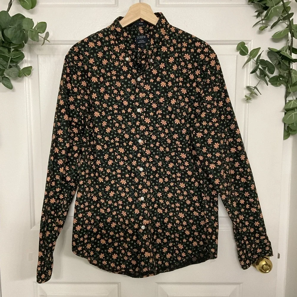 J. Crew Black and Orange Floral Men's Shirt. SIZE L